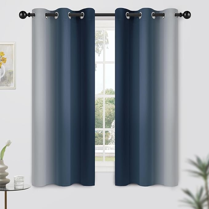 Yakamok Room Darkening Ombre Curtains 63 Inch Length, Navy Blue and Greyish White Thermal Insulated Gradient Color Curtains,Light Blocking Grommet Window Drapes for Bedroom,42 Inch Width,2 Panels
