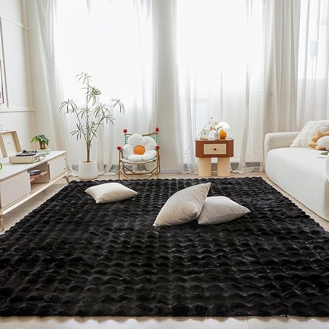 Black Rabbit Plush Rug 8'x10', Fluffy Faux Fur Shaggy Area Rug for Nursery, Kids Room Decor, Soft Fuzzy Carpet for Living Room, Bedroom, Teen Girls Room