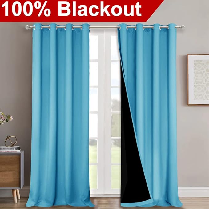 NICETOWN Insulated 100% Blackout Curtains, Noise Reducing Performance Drapes with Black Lining, Full Light Blocking Draperies for Overnight Shift Worker (Light Blue, 2 PCs, 52 inches x 95 inches)