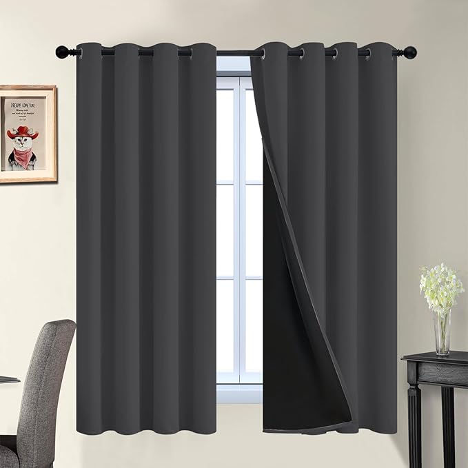 Yakamok 100% Blackout Curtains, 2 Thick Layers Thermal Insulated Total Blackout Drapes for Bedroom, Heat Blocking Window Curtains for Living Room(Charcoal Grey, 52Wx63L, 2 Panels)