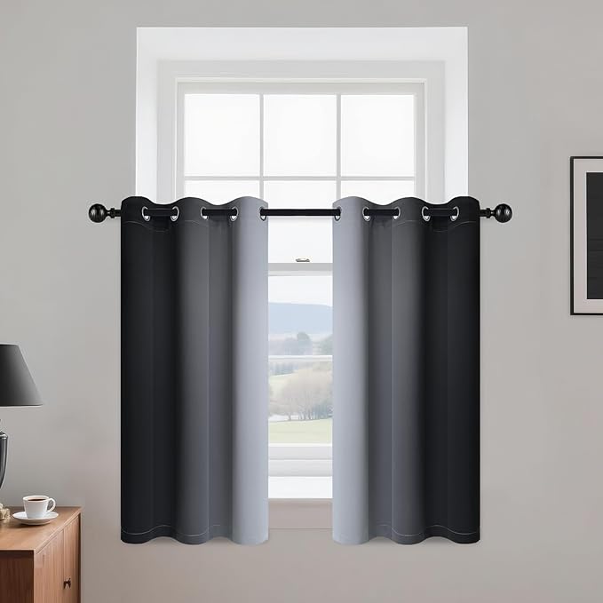Yakamok Room Darkening Ombre Curtains 36 Inch Length, Black and Greyish White Thermal Insulated Gradient Color Curtains,Light Blocking Grommet Window Drapes for Bedroom,42 Inch Width,2 Panels