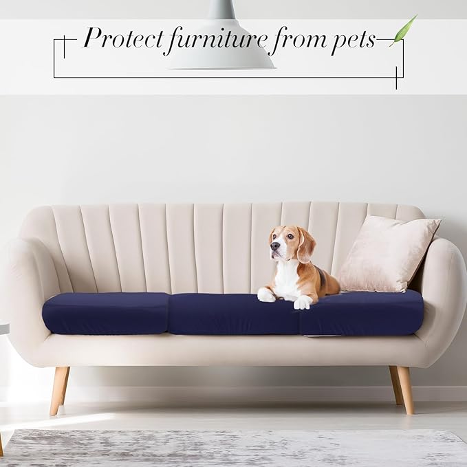 Newwiee Set of 4 Stretch Patio Cushion Covers Sofa Couch Seat Chair Slipcovers Cushion Cover Replacement Furniture Protector for Pets Washable(Navy Blue,Seat Cover,Solid)