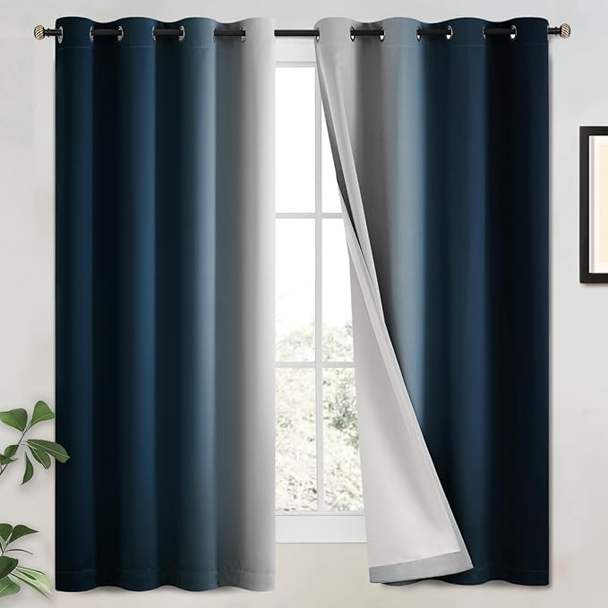 Yakamok 100% Blackout Curtains 63 Inch Length 2 Layers,Navy Blue Curtains for Bedroom Ombre Room Darkening Grommet Gradient Drapes, Light Blocking Thermal Insulated Window Curtains for Living Room