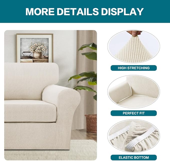 Turquoize 2 Piece Chair Covers Armchair Slipcovers for Living Room Armchair Sofa Cover with Individual Cushion Covers Feature Jacquard Fabric (Chair, Cream)