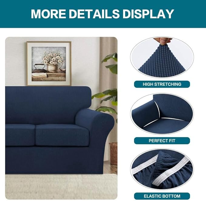 Turquoize 3 Piece Sofa Covers for 2 Cushion Couch Sofa Slipcover Soft Couch Cover for Dogs-Washable Sofa Furniture Covers with 2 Individual Cushion Covers, (2 Cushion Sofa, Navy)