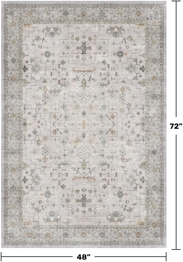 Hazo Haus Boho 4x6 Living Room Rug - Light Grey Modern Vintage Eclectic Floral Pastel Neutral Taupe, Washable Low Pile Non-Slip Area Rugs for Kitchen, Mudroom, Bedroom Beside Bed, Office