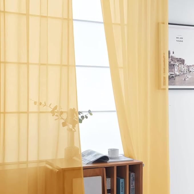 SpaceDresser Basic Rod Pocket Sheer Voile Window Curtain Panels Gold 1 Pair 2 Panels 52 Width 54 Inch Long for Kitchen Bedroom Children Living Room Yard（Gold, 52W x 54L）