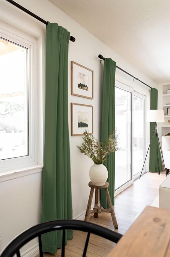 100% Blackout Shield Linen Blackout Curtains for Bedroom 63 Inches Long, Back Tab/Rod Pocket Living Room Drapes, Thermal Insulated Blackout Curtains 2 Panels Set, 50" W x 63" L, Moss Green