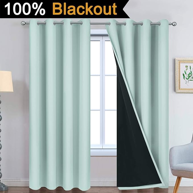Yakamok 2 Thick Layers Completely Blackout Window Treatment Thermal Insulated Noise Reducing Drapes for Living Room(52Wx96L, Aqua, 2 Panels)
