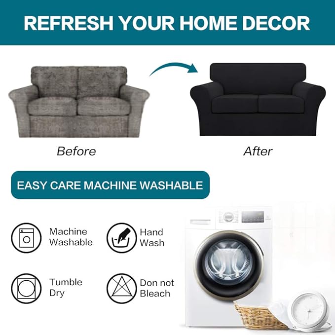 Turquoize 3 Piece Sofa Covers for 2 Cushion Couch Sofa Slipcover Soft Couch Cover for Dogs-Washable Sofa Furniture Covers with 2 Individual Cushion Covers, Feature Jacquard Fabric (Loveseat, Black)