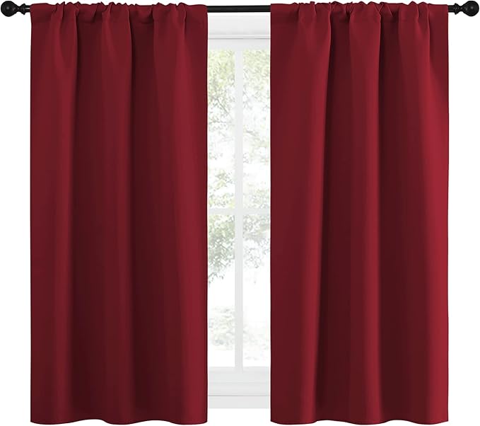 NICETOWN Christmas Burgundy Red Curtains Blackout Drape Panels - Lights Block Out Window Treatment Short Curtain Sets for Loft and Basement Decoration (Set of 2, 34 by 54-Inch)