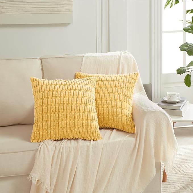Fancy Homi 4 Packs Yellow Spring Decorative Throw Pillow Covers 16x16 Inch for Living Room Couch Bed Sofa, Rustic Farmhouse Boho Home Decor, Soft Striped Corduroy Square Cushion Case 40x40 cm