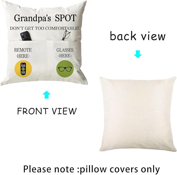 ONFAON Grandpa Gifts,Grandpa's Spot Throw Pillow Covers 18x18 Inch for Bed Sofa Couch,Birthday Christmas Thanksgiving Day Gifts for Grandpa Stepdad,2-Pocket