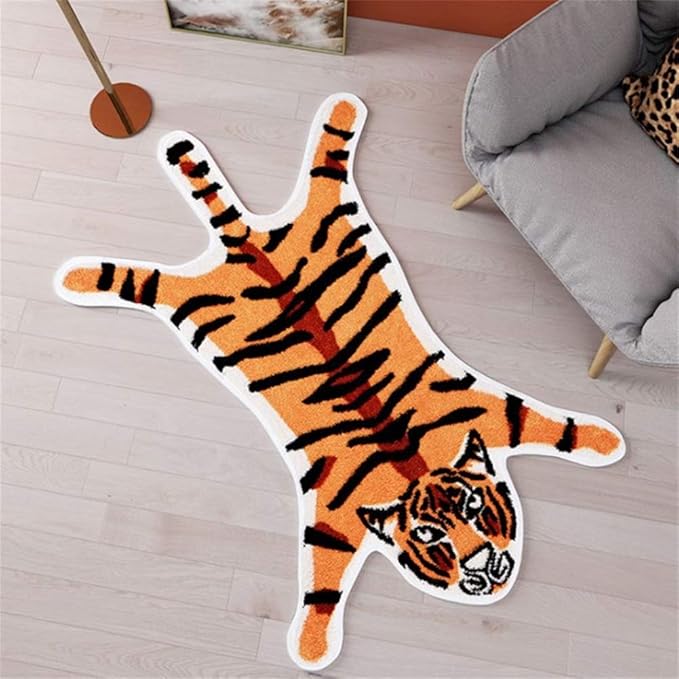 Tiger Print Rug Animal Printed Small Area Rugs Faux Cowhide Skin Leather Nonslip Personalized Bath Carpet Cartoon Rug Bedroom Office Living Room Floor Mat 2.6x1.8Ft/32.2inx21.4in