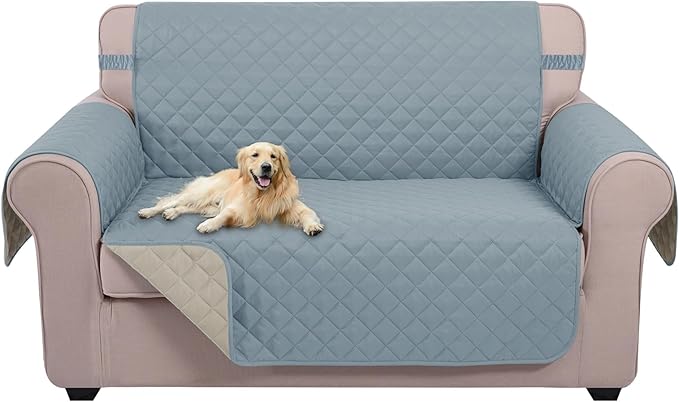 U-NICE HOME Loveseat Sofa Cover Reversible Couch Cover for Dogs Pets with Elastic Straps Water Resistant Furniture Protector for 2 Cushion Couch (Loveseat, Light Blue/Beige)