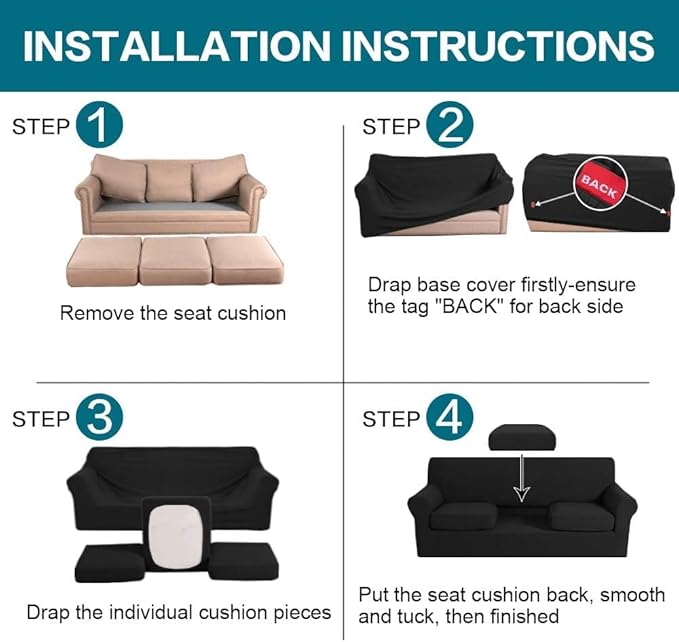 Turquoize 4 Piece Sofa Covers for 3 Cushion Couch Sofa Slipcover Soft Couch Cover for Dogs Washable Furniture Cover with 3 Individual Large Cushion Covers Feature Fabric (Large Sofa, Black)