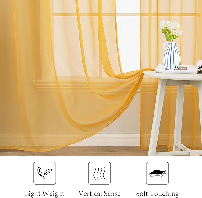MIULEE 2 Panels Solid Color Sheer Window Curtains Elegant Window Voile Fall Panels/Drapes/Treatment for Bedroom Living Room (54 X 84 Inches Gold)