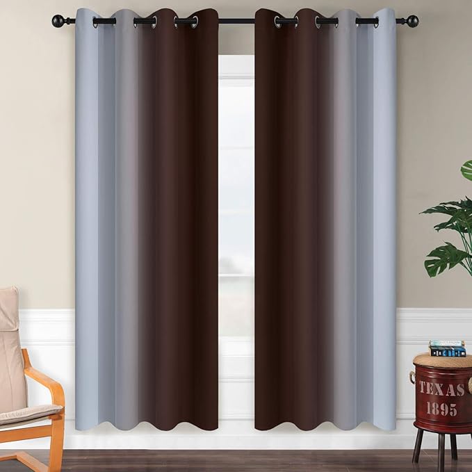 SimpleHome Ombre Room Darkening Curtains for Living Room, Light Blocking Gradient Brown to Greyish White Thermal Insulated Grommet Window Curtains/Drapes for Bedroom, 2 Panels, 52x72 inches Length