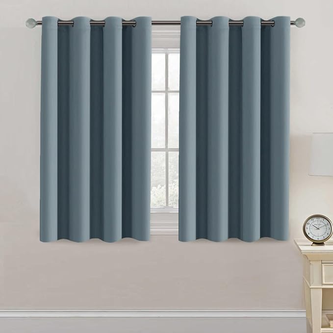 H.VERSAILTEX Blackout Curtain for Living Room Small Window Kitchen Blackout Curtains 45 inch Length Energy Saving Solid Grommet Blackout Drape, One Panel Stone Blue, 52" W x 45" L
