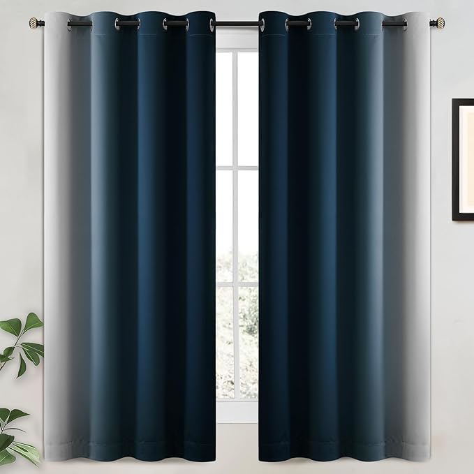 Yakamok 100% Blackout Curtains 63 Inch Length 2 Layers,Navy Blue Curtains for Bedroom Ombre Room Darkening Grommet Gradient Drapes, Light Blocking Thermal Insulated Window Curtains for Living Room