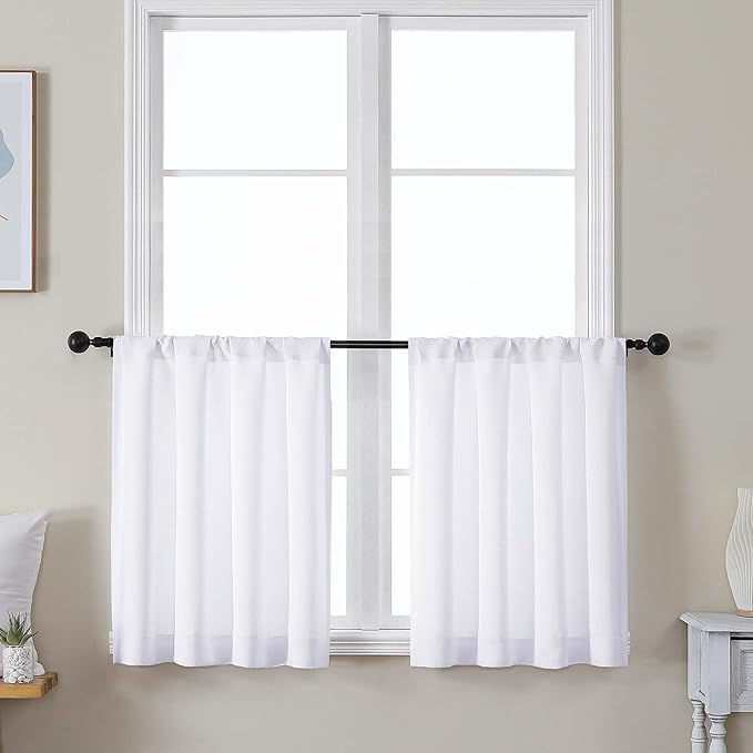 Simplebrand Ava Pure White Curtains 30 Inches Long 2 Panels, Light Filtering Half Window Rod Pocket Privacy Short Curtains, Thermal Insulated Curtain Tiers for Kitchen Bathroom Shades, W30 x L30 Inch