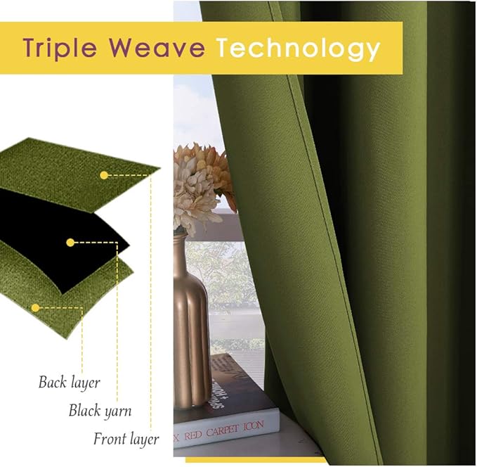 NICETOWN Blackout Curtains & Drapes for Bedroom, Olive Green, W34 x L40, Set of 2, Triple Weave Grommet Top Thermal Insulated Light Blocking Panels for Bathroom/Living Room