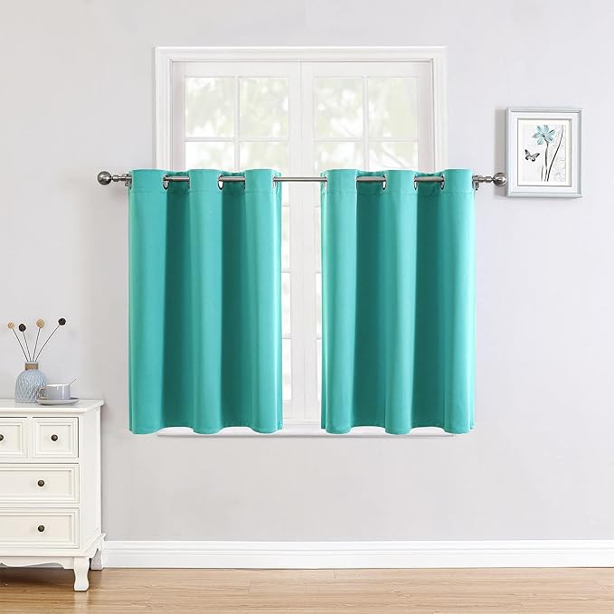 ChrisDowa Small Window Curtains for Kitchen and Bedroom - Grommet Short Thermal Insulated Room Darkening Curtains (2 Panels, Teal, 52 x 36 Inch)