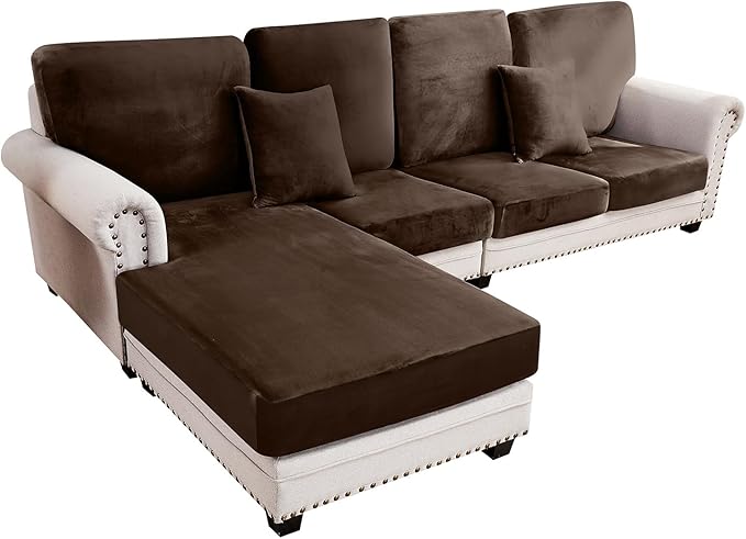 Couch Cover 4-Piece Elastic Velvet Couch Cushion Covers & Chaise Slipcovers for L-Shaped Sofas - Sofa Seat Covers Washable, Soft Protector for Couches (3 Seater + Chaise, Coffee)