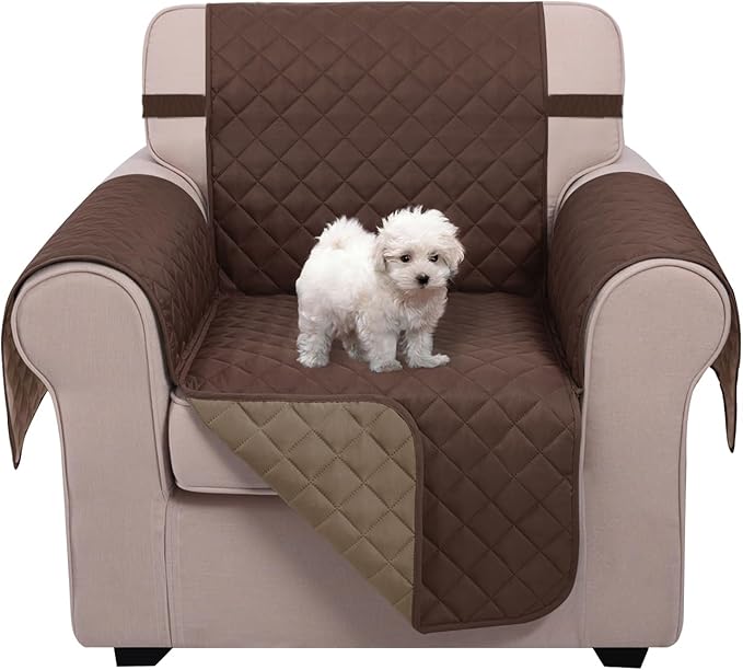 U-NICE HOME Reversible Oversized Chair Covers Quilted Water Repellent Pet Protectors with Elastic Straps(28''Armchair, Chocolate/Taupe)