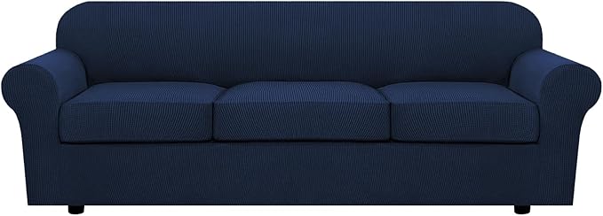 4 Piece Stretch Sofa Covers for 3 Cushion Couch Covers Furniture Slipcovers for Living Room (1 Base Cover Plus 3 Seat Cushion Covers) Thicker Jacquard Fabric Cover (XL Sofa, Navy)