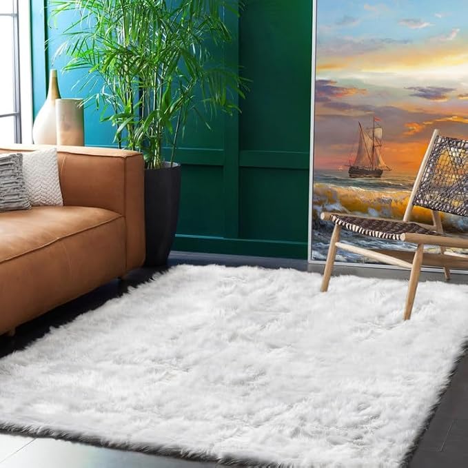Goolela White Sheepskin Area Rug 5x8 Fluffy Faux Fur Fuzzy Furry Carpet for Bedroom Living Room Shaggy Plush Washable Rectangle
