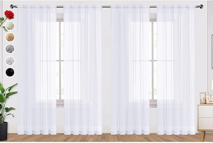 SpaceDresser Optical White Sheer Curtains 4 Panels Rod Pocket Semi-Sheer Curtain 90 Inches Long Light Filtering Voile Window Drapes for Bedroom Living Room Kitchen, Each 52W x 90L