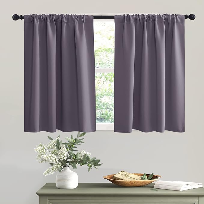 RYB HOME Short Greyish Purple Blackout Curtains for Small Bedroom Window, Insulating UV Blocking Drapes for Kitchen Cafe Basement, Privacy Tiers for Bathroom Window, Width 42 by Length 36, Set of 2