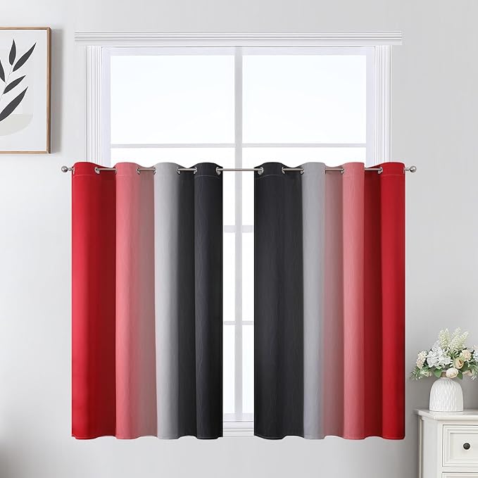 Estelar Textiler Red and Black Ombre Short Blackout Curtains 36 Inch Long, Thermal Insulated Grommet Small Half Window Drapes for Cafe/Basement/RV Camper/Kitchen, 52Wx36L, 2 Panels