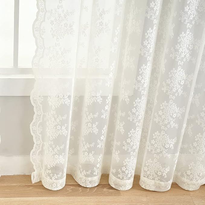 YJ YANJUN Vintage Lace Curtains 108 inches Long 2 Panels Set French Country Shabby Chic Floral Sheer Curtains for Living Room Window Light Filtering Rod Pocket 52W x 108L Ivory