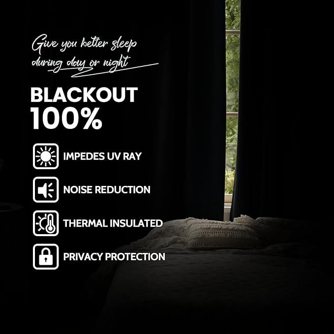 Yakamok 100% Blackout Curtains Black Room Darkening Thermal Insulated Window Curtain with 2 Thick Layers-Set of 2 Panels Grommet Top Drapes for Bedroom Living Room 52 Inches by 96 Inches Length
