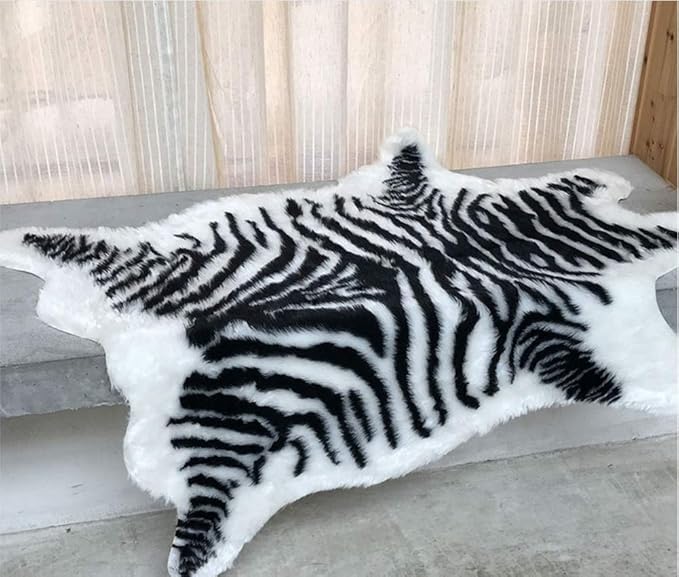 Zebra Print Rug Faux Animal Cowhide Skin Area Rug Leather Carpet Mat Large Size for Home Office Livingroom 5.2'x3.9'
