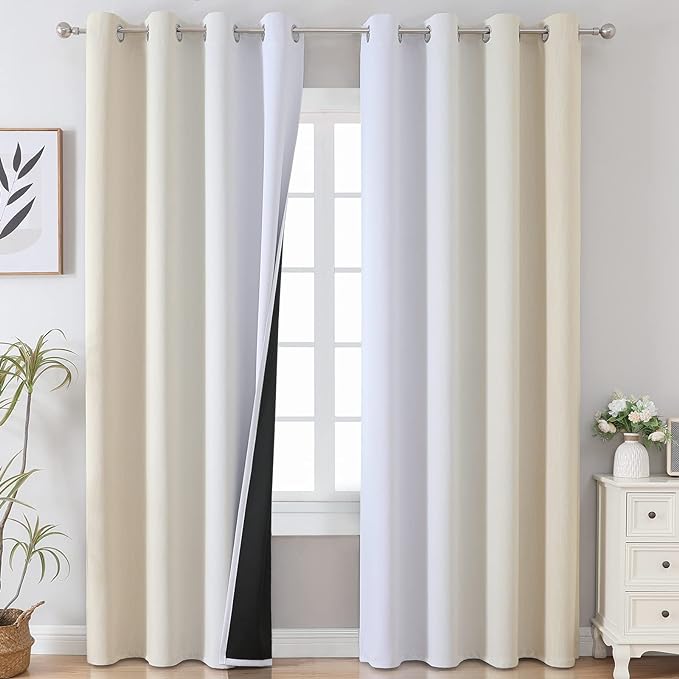 Estelar Textiler Beige and Greyish White Blackout Curtains 102 Inches Long for Bedroom, Thermal Insulated Full Room Darkening Grommet Gradient Drapes for Living Room, 52Wx102L, 2 Panels