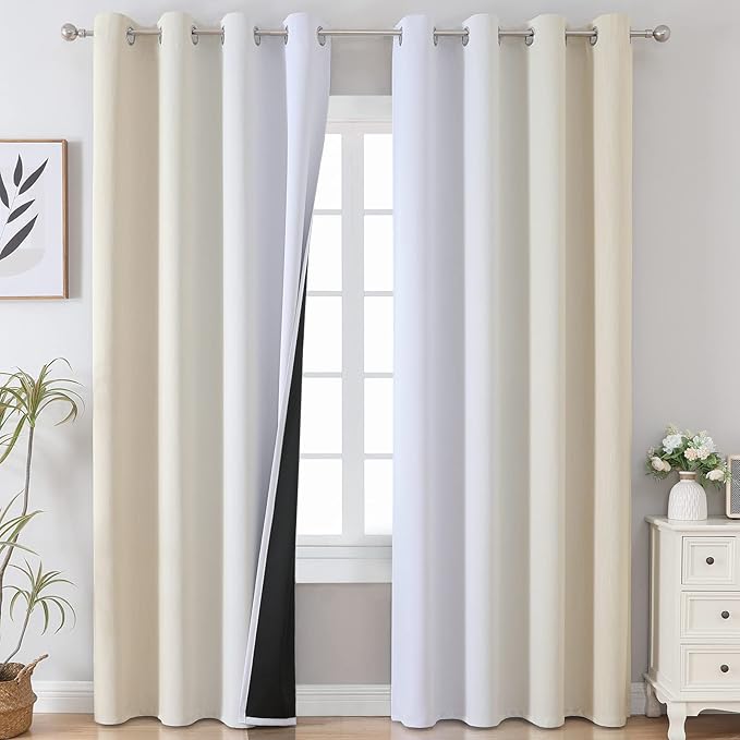 Estelar Textiler Beige and Greyish White Blackout Curtains 108 Inches Long, Thermal Insulated Drapes for Bedroom, Full Light Blocking Energy Saving Long Curtains for Living Room, 52Wx108L, 2 Panels