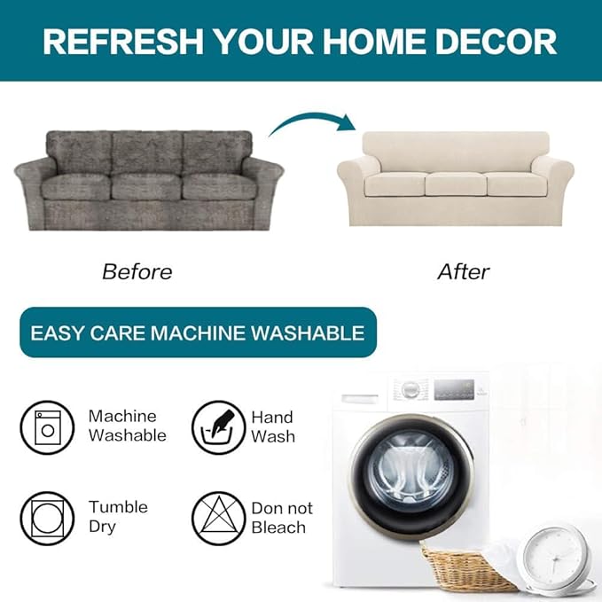 Turquoize 4 Piece Couch Cover Sofa Covers for 3 Cushion Couch Sofa Slipcovers Washable Sofa Cover for Dogs with Individual Couch Cushion Covers Feature Jacquard Fabric(3 Cushion Sofa, Biscotti Beige)