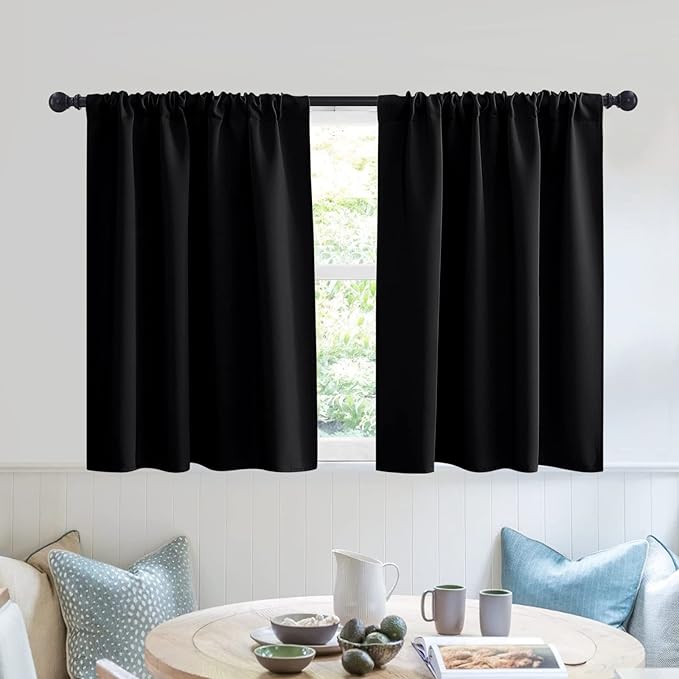 RYB HOME Blackout Privacy Bathroom Window Curtains, Short Thermal Insulated Heat Blocking Privacy Rod Pocket Half Window Curtain Tiers for Nursery Bedroom, Width 42 by Length 30, Black, 2 Panels