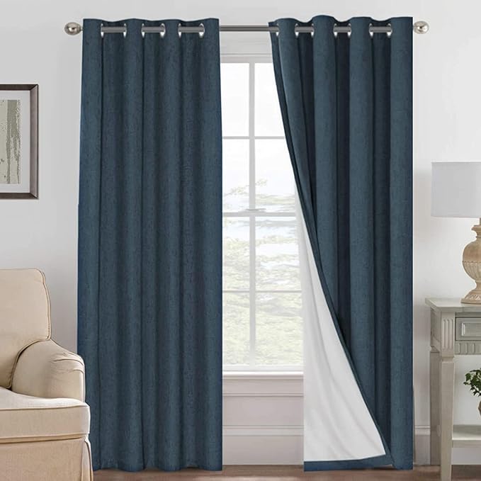 H.VERSAILTEX Linen Curtains 100% Blackout Curtains for Bedroom 90 inch Long Full Light Blocking Nature Linen Blended Window Curtains for Living Room Nickel Grommet (2 Panels, Navy)