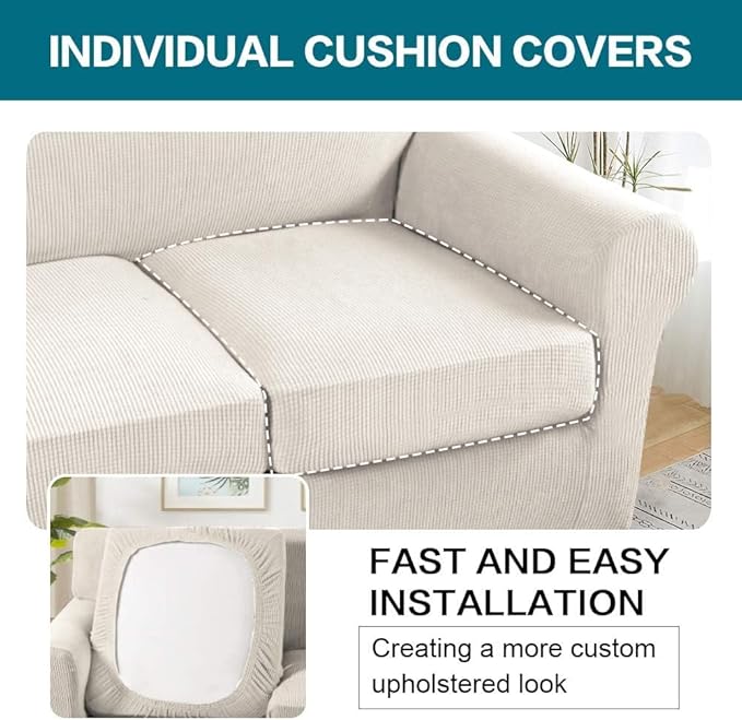Turquoize 4 Piece Sofa Covers for 3 Cushion Couch Sofa Slipcover Soft Couch Cover for Dogs Washable Furniture Cover with 3 Individual Large Cushion Covers Feature Fabric (Large Sofa, Ivory)