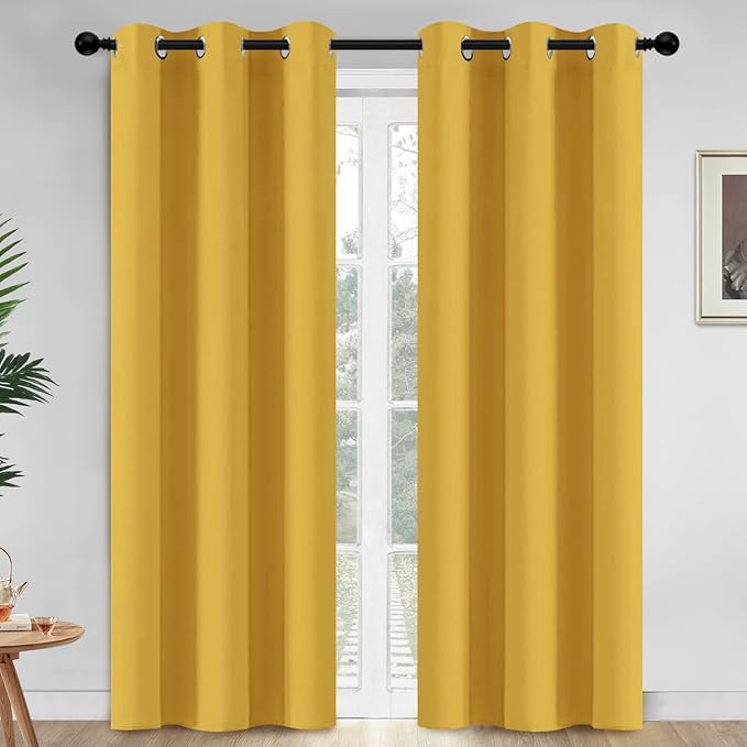 Yakamok Blackout Curtains Room Darkening Thermal Insulated Window Panels,Solid Grommet Top Drapes for Bedroom/Living Room(42Wx84L, Mustard Yellow, 2 Panels)