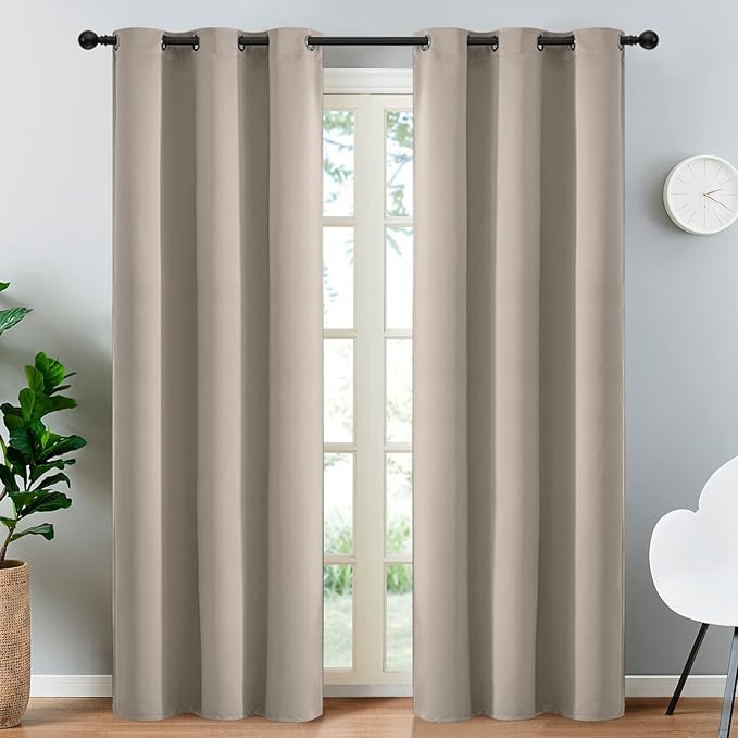 Yakamok Blackout Curtains Room Darkening Thermal Insulated Window Panels,Solid Grommet Top Drapes for Bedroom/Living Room(38Wx84L, Natural, 2 Panels)