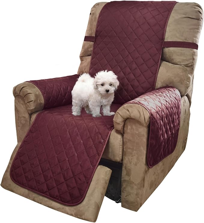 U-NICE HOME Recliner Chair Covers Reversible Quilted Water Repellent Pet Protectors with Elastic Straps (23''Recliner Small, Burgundy/Tan)