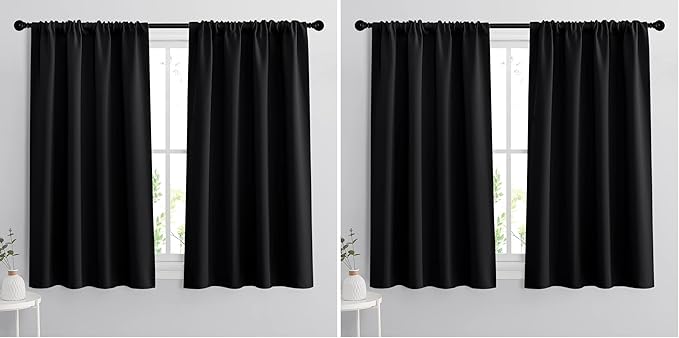 RYB HOME Bedroom Blackout Curtains - Black Curtains Solar Light Block Insulated Drapes Energy Saving for Bedroom Dining Living Room, 42 x 45 inches Long, Black, Set of 2 (Pack of 2)