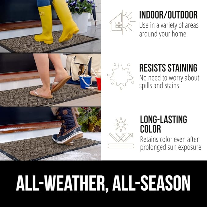 GORILLA GRIP 100% Waterproof All-Season WeatherMAX Doormat 35x23, US Designed Natural Rubber, Stain and Fade Resistant, Low Profile Indoor Outdoor Door Mats, Easy Clean Patio Mat, Latte Quatrefoil