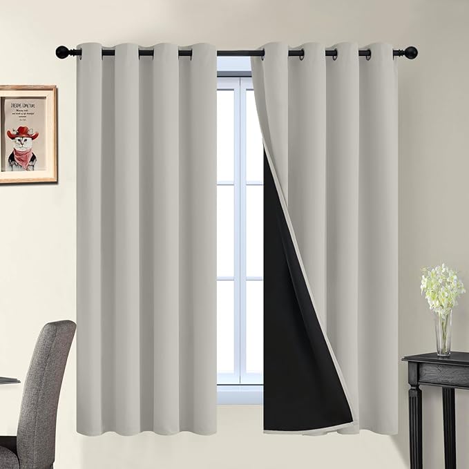 Yakamok Cream Beige 100% Blackout Curtains, Thermal Insulated Total Blackout Drapes for Bedroom, Heat Blocking Window Curtains for Living Room(52Wx63L, 2 Panels)