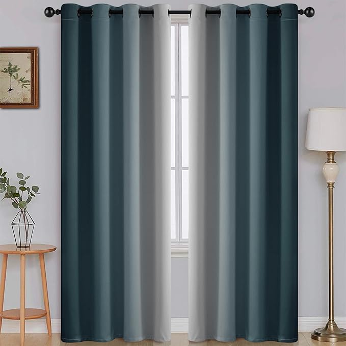 SimpleHome Ombre Room Darkening Curtains for Bedroom, Gradient Stone Blue to Grey White Light Blocking Thermal Insulated Grommet Window Curtain/Drapes for Living Room,2 Panels, 52x84 inches Length